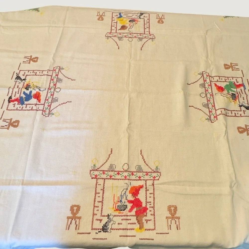 Vtg Tablecloth Embroidered Christmas Gnome Folk Art Linen 49x54 Scandinavian